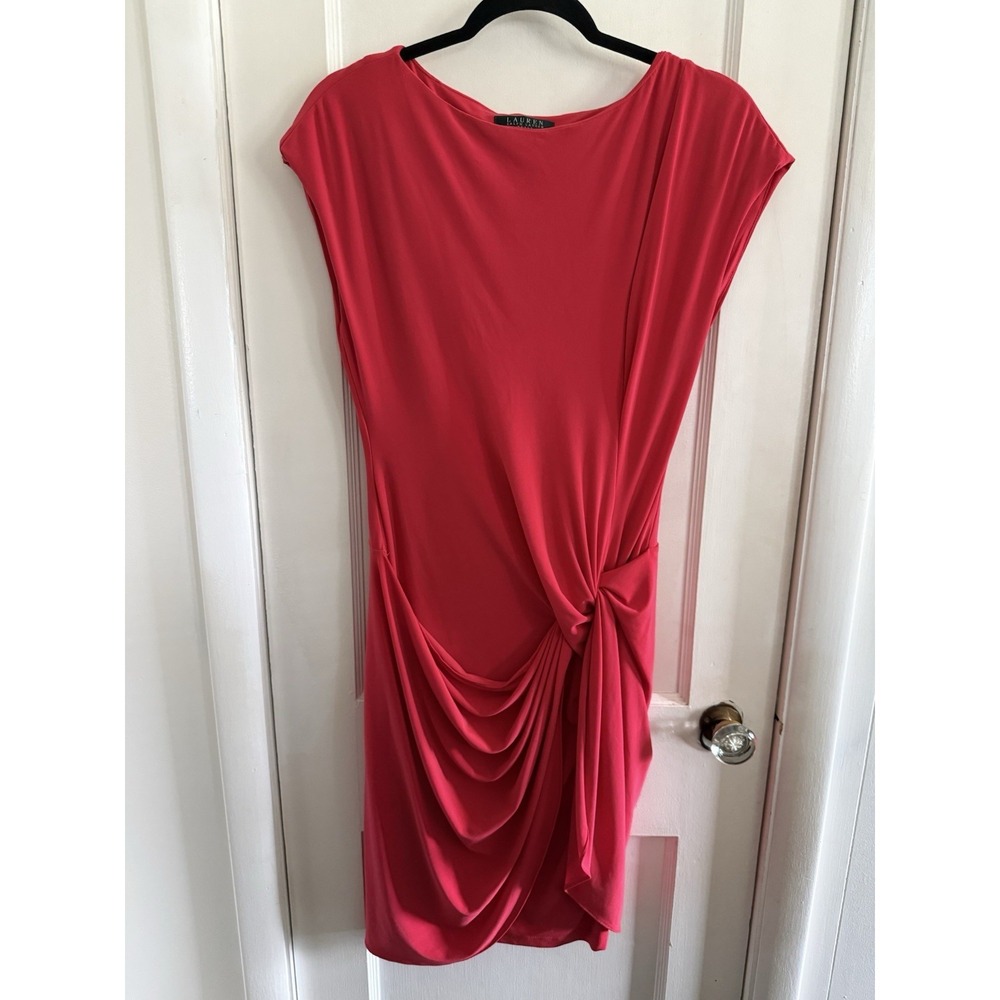 Lauren Ralph Lauren Red Side Knot Sheath Sleeveless Midi Dress Stretch Size 8
